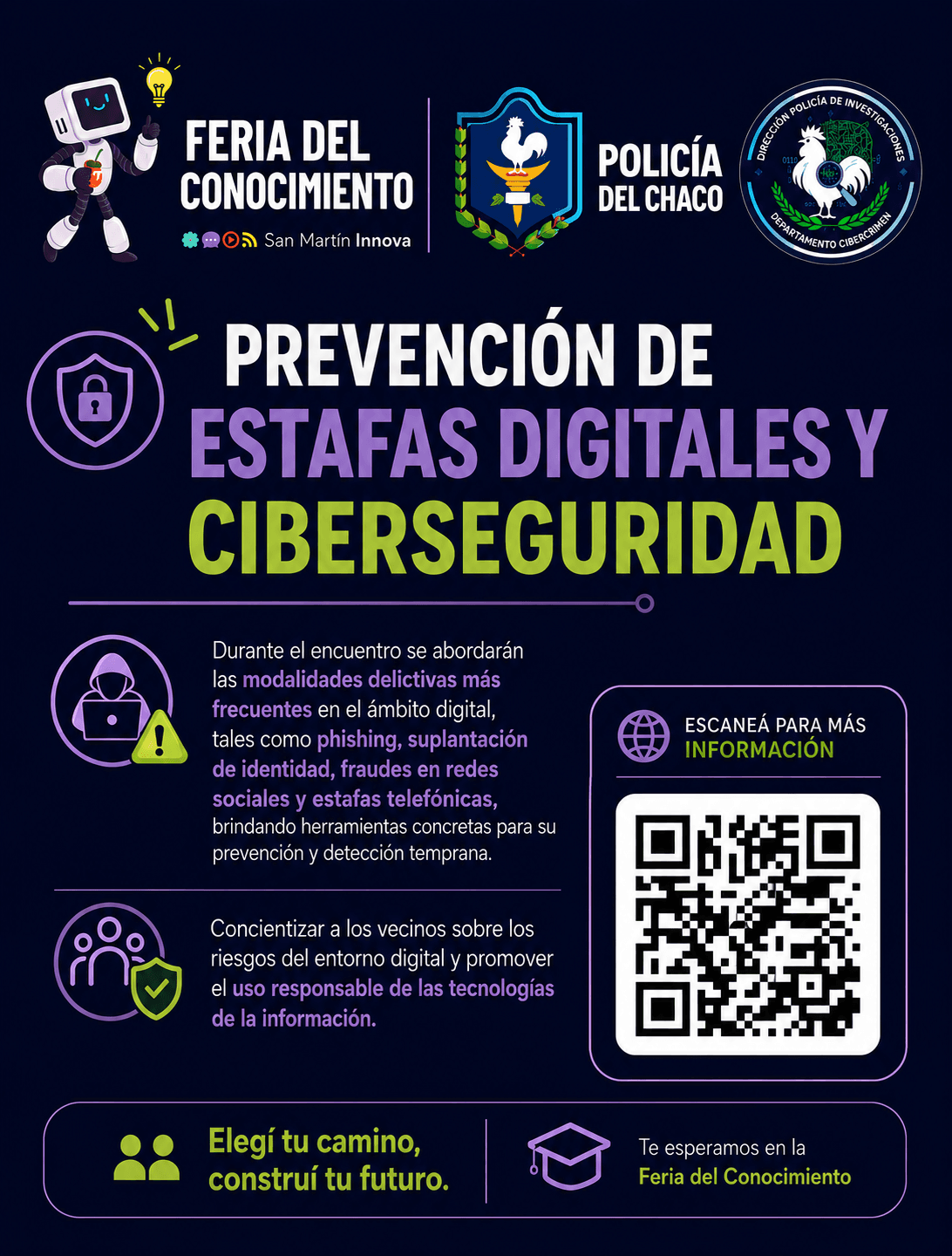 Flyer de la charla de Prevención de estafas digitales y Ciberseguridad