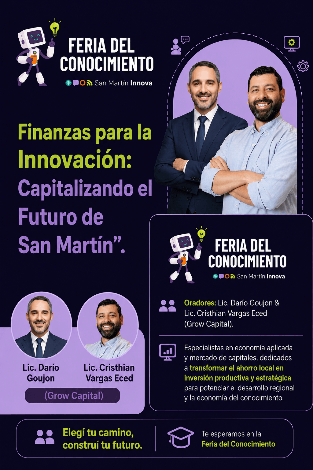 Flyer de la charla de Finanzas para la Innovación — Grow Capital
