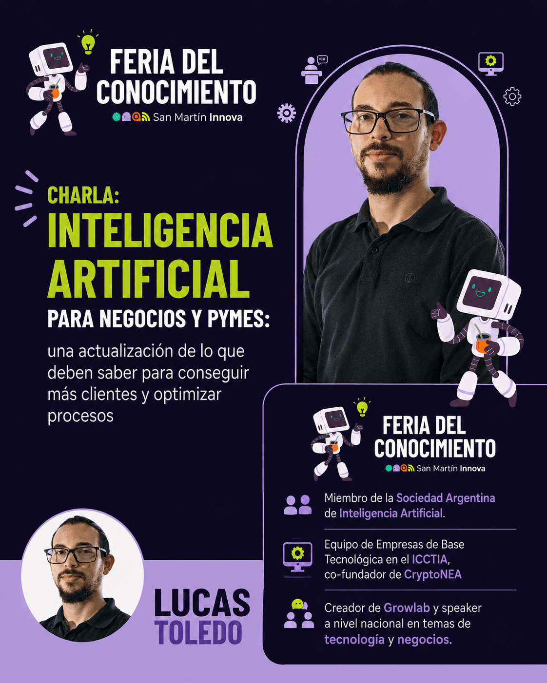 Flyer de la charla de Inteligencia Artificial — Lucas Toledo