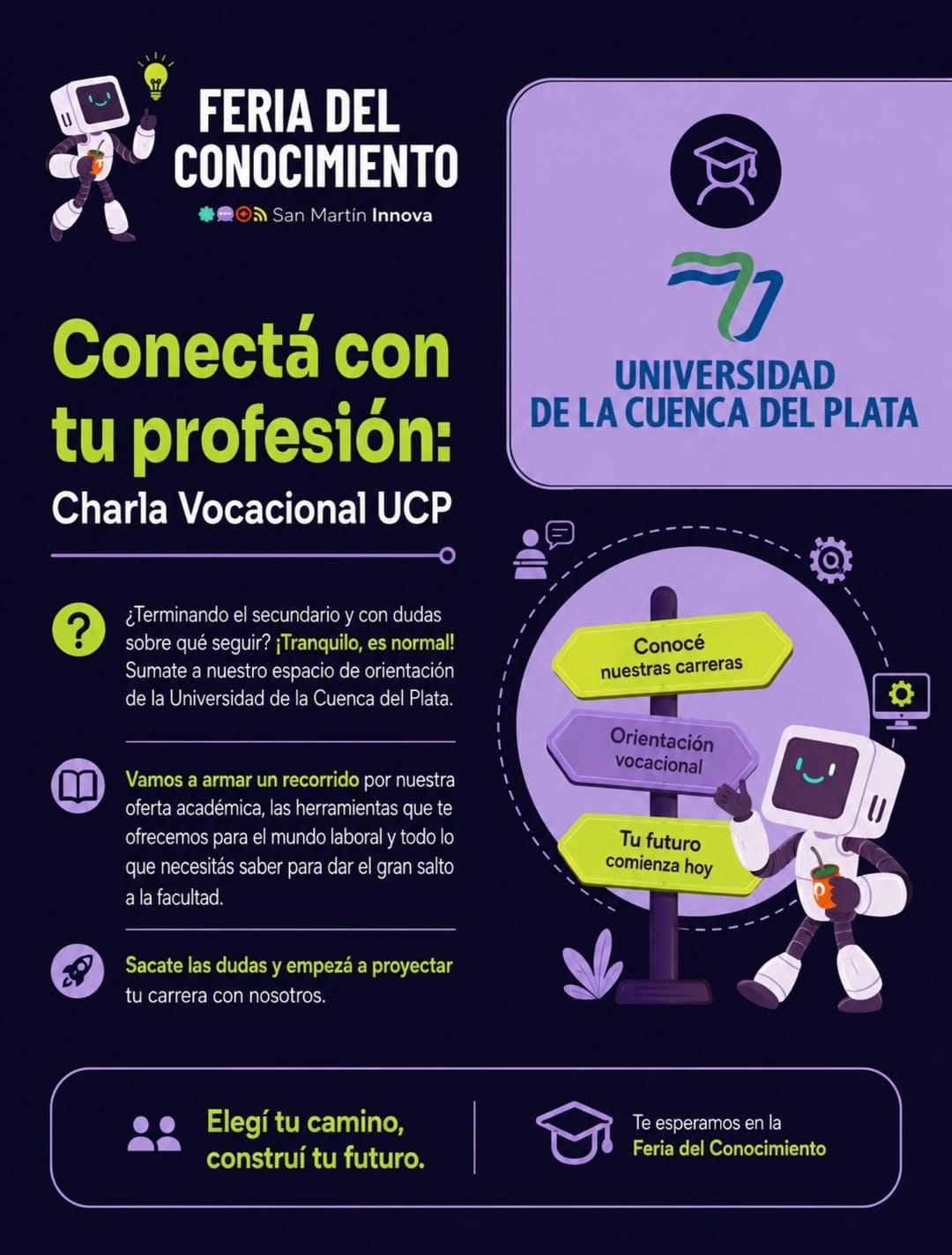 Flyer de la charla vocacional de la Universidad de la Cuenca del Plata