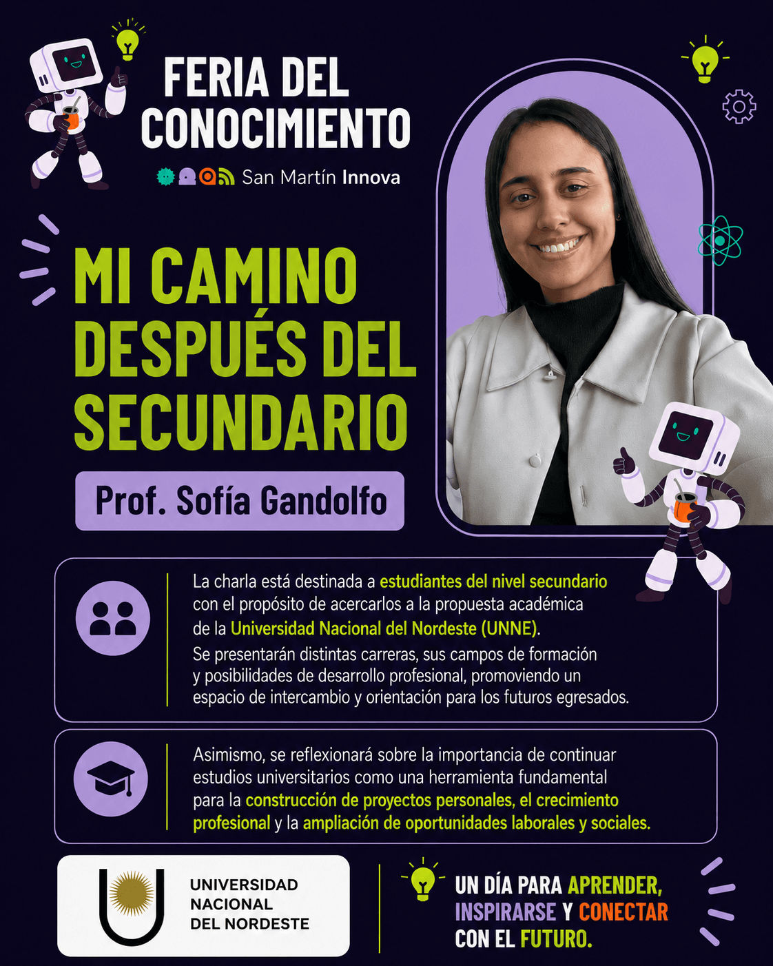 Flyer de la charla vocacional de la UNNE — Prof. Sofía Gandolfo