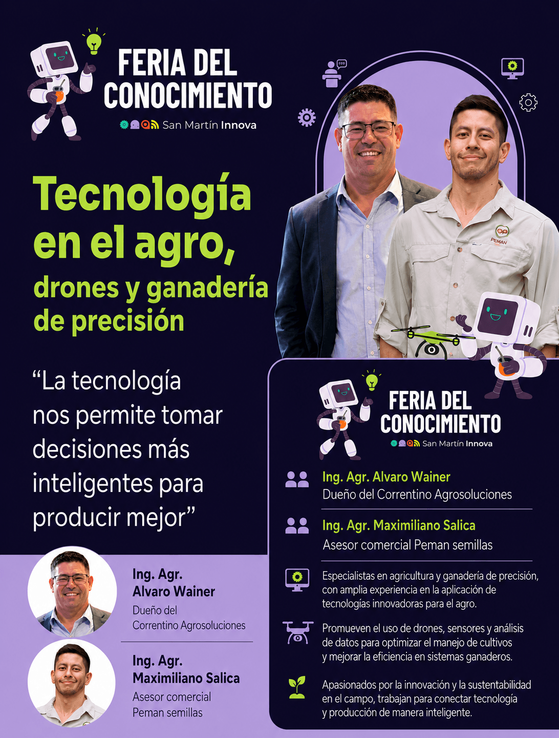 Flyer de la charla Tecnología en el Agro — Wainer y Salica